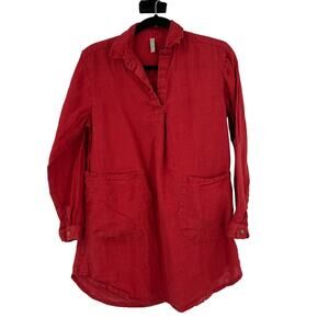 Embellish 100% Linen Tunic Blouse Dark Red Collared Pleated Back Women's Small